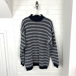 Vintage LizWear Cotton Navy White Patterned Knit Sweater Size L